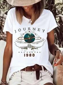 Women's Vintage Printed T-Shirt 'Journey Departure' From 1980, Casual Short Sleeve Fashion, Summer 2026, Comfortable Fit, Round Neck - 白色 - 查看 3