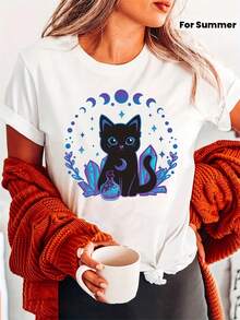 Kawaii Goth Witch 's T-Shirt - Crystal Alchemy Goth Subculture Top, Short Sleeve Round Neck, Casual Summer And Spring Outfit, Kawaii Cat Lady Clothing - [白色的] - 查看 2