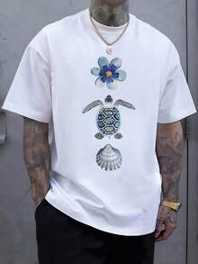 A Blue Flower Symbolizing Purity And Calm, Accompanied By A Turtle Representing Wisdom And Connection To The Ocean, And A Seashell Evoking Inner Peace And Balance. A Modern Men's T-Shirt For Everyday And Casual Wear, Elegant, Comfortable, And With Artistic Charm. - 白色 - 查看 1
