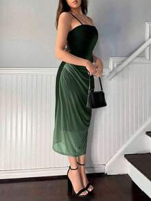 Vestido de tirantes de malla degradado elegante para mujer, de verano - Verde - Ver 5
