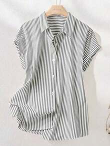 Camisa de manga corta a rayas vintage, de moda para ir al trabajo en verano - Blanco y Negro - Ver 4