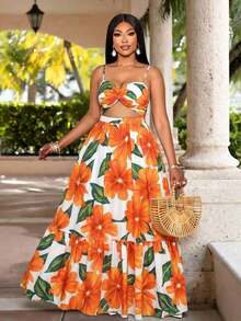 Vestido maxi elegante y casual para mujer de talla grande con estampado floral romántico, sin mangas, con cintura ceñida y nudo, tirantes de espagueti, para vacaciones en la playa, primavera y verano, para el verano en Hawái, vestidos de verano p - Naranja - Ver 9