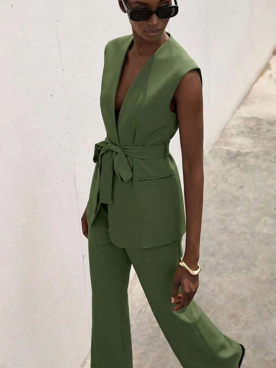 Traje de mujer de unicolor sin mangas, de diseño minimalista y versátil para uso diario - Verde - Ver 1