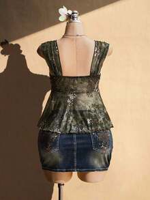 ICON Camiseta asimétrica transparente con estampado de cachemira para mujer de talla grande, top de rave, top transparente, para vacaciones de verano, temporada de graduación, temporada de regreso a clases, ropa de verano, Y2K. - Multicolor - Ver 2