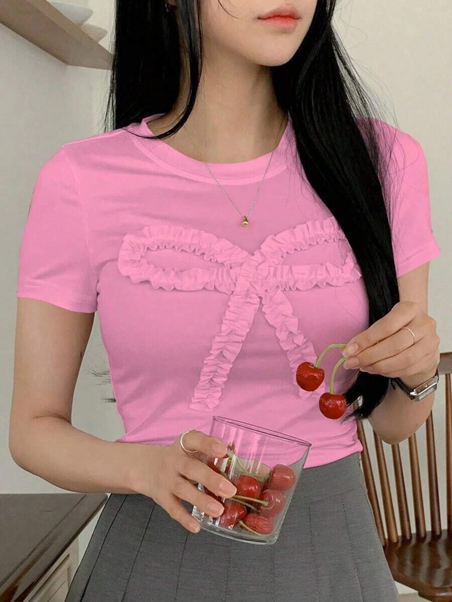 Camiseta ajustada de manga corta con cuello redondo, volantes y lazo, unicolor para mujer, crop top para mujer en Pascua - Rosa coral - Ver 1