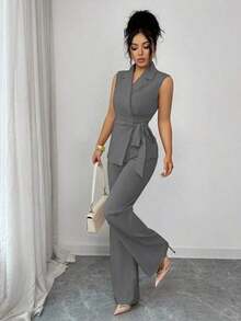 Conjunto elegante y romántico de blazer y corbata de moño para vacaciones y oficina para mujeres - Gris Oscuro - Ver 1
