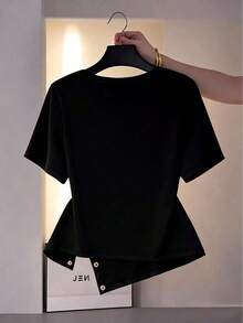 Camiseta de manga corta de talla grande para mujer, de unicolor, con dobladillo asimétrico, para uso diario y casual - Negro - Ver 2