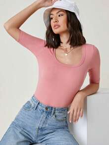 Body de mujer de unicolor, cuello redondo, manga corta, ajuste ceñido, uso diario casual - Rosa vieja - Ver 6
