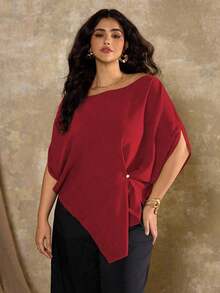 Blusa asimétrica de manga corta y hombros casuales franceses para mujer de talla grande - Rojo - Ver 6