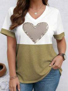 Camiseta casual de manga corta con cuello en V, de talla grande, con estampado de rayas patchwork - Multicolor 4 - Ver 4