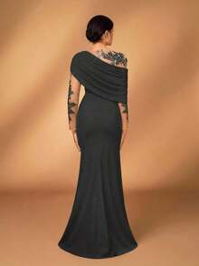 Elegante y romántico vestido de lujo de punto elástico verde oliva con contraste de malla, volante asimétrico en el hombro, ajustado y con bajo de cola de pez, adecuado para fiesta de noche, cita, baile de graduación, boda, luna de miel - Gris - Ver 3