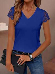 Camiseta de manga corta con parche de encaje en color liso, versátil y casual - azul real - Ver 3