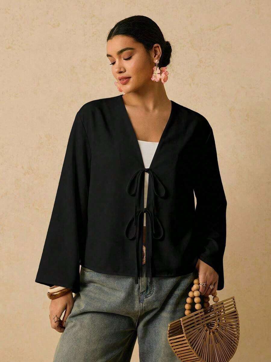 Camisa casual versátil de uso diario con estampado floral y nudo delantero para mujer de talla grande - Multicolor 2 - Ver 1