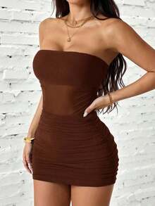 Vestido mini tubo negro sexy ajustado con pliegues y malla de unicolor para mujer - Marrón - Ver 9