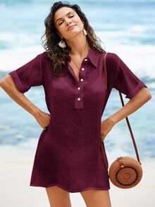 Conjunto de ropa de playa para mujer- Vestido de baño con cuello en V sin mangas como cobertor casual de playa - Burdeos - Ver 5