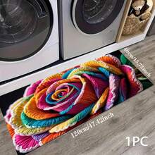 1 pieza Alfombra impresa con patrón floral colorido 2D, Serie de felpudos largos, Adecuado para sala de estar, lavandería, baño, dormitorio, cocina - Multicolor - Ver 8