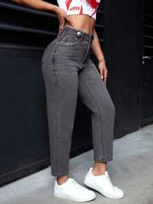 Pantalones vaqueros informales de mujer con bolsillos de forma cónica y multiusos - Gris Oscuro - Ver 2