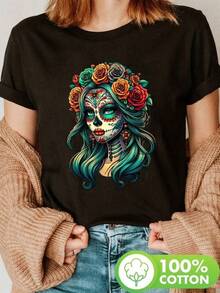 New 2026 Women's T-Shirts, Couple T-Shirts. 100% Cotton T-Shirt With An Exclusive Women's Design Featuring Vibrant Flowers And Colorful Hair, Y2K Style. Ideal For Highlighting Your Unique Personality And Following The Hottest  In Mexico. Perfect For Any Occasion And For Fashion Lovers. - 黑色 - 查看 1
