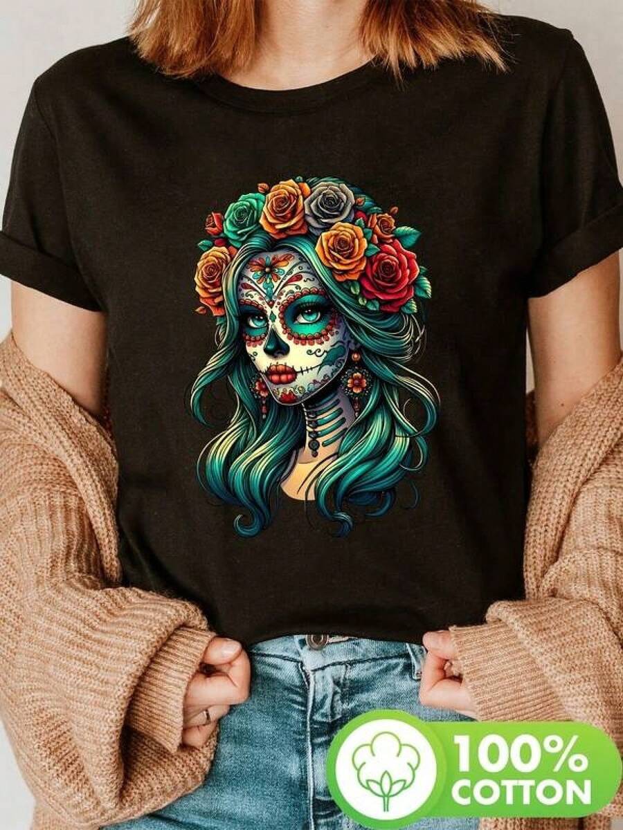 New 2026 Women's T-Shirts, Couple T-Shirts. 100% Cotton T-Shirt With An Exclusive Women's Design Featuring Vibrant Flowers And Colorful Hair, Y2K Style. Ideal For Highlighting Your Unique Personality And Following The Hottest In Mexico. Perfect For Any Occasion And For Fashion Lovers. - 黑色 - 查看 1