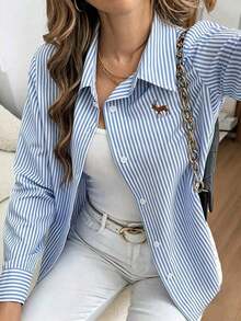 Camisa casual de manga larga con botones, cuello polo y estampado de rayas bordado - Azul 2 - Ver 4