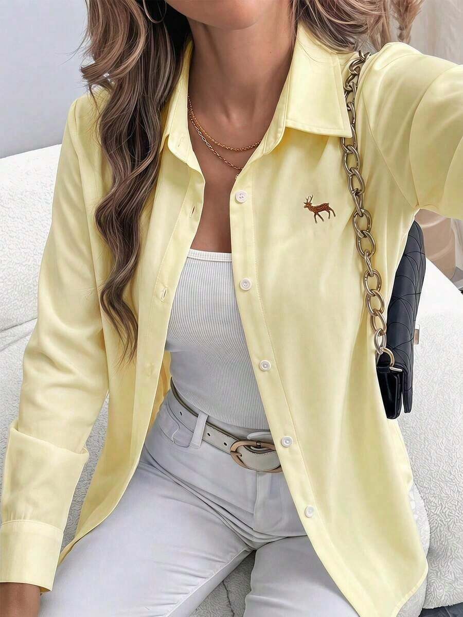 Camisa casual de manga larga con botones, cuello polo y estampado de rayas bordado - Amarillo claro - Ver 1