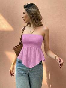 Frenchy Top asimétrico sin tirantes de tejido texturizado de color liso, adecuado para vacaciones de verano - Rosa - Ver 6
