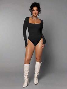 Body De Manga Larga Con Cuello Cuadrado Para Mujer - Negro 2 - Ver 1