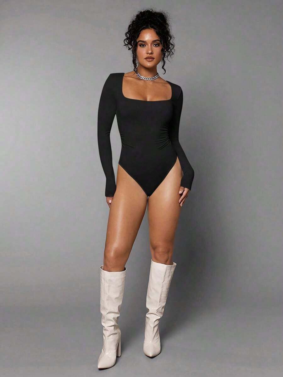 Body De Manga Larga Con Cuello Cuadrado Para Mujer - Negro 2 - Ver 1