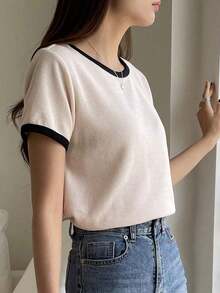 Camiseta casual de mujer de manga corta, simple y de moda para uso diario, ropa de vuelta a la escuela - Beis - Ver 6