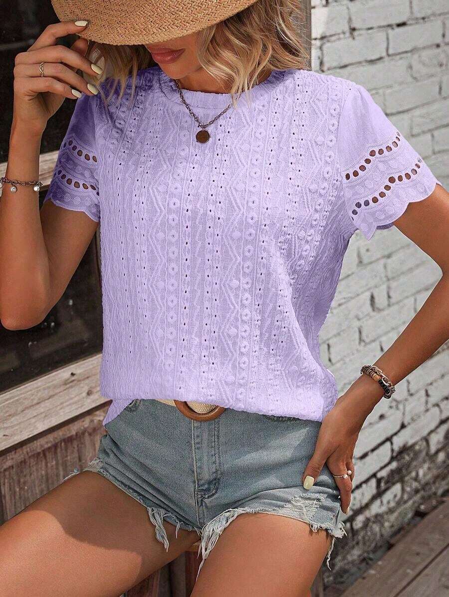 Camiseta con bordado con ojal ribete en abanico - Púrpura malva - Ver 1