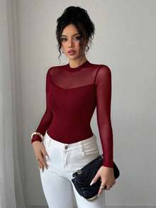 Blusa de manga larga elegante de unicolor con empalme transparente y ajuste elástico para mujer, otoño/invierno - Burdeos - Ver 5