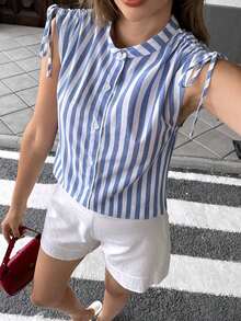 Camisa casual con lazo drapeado - Camisa casual moderna - Camisa casual de vacaciones - Azul y blanco - Ver 4