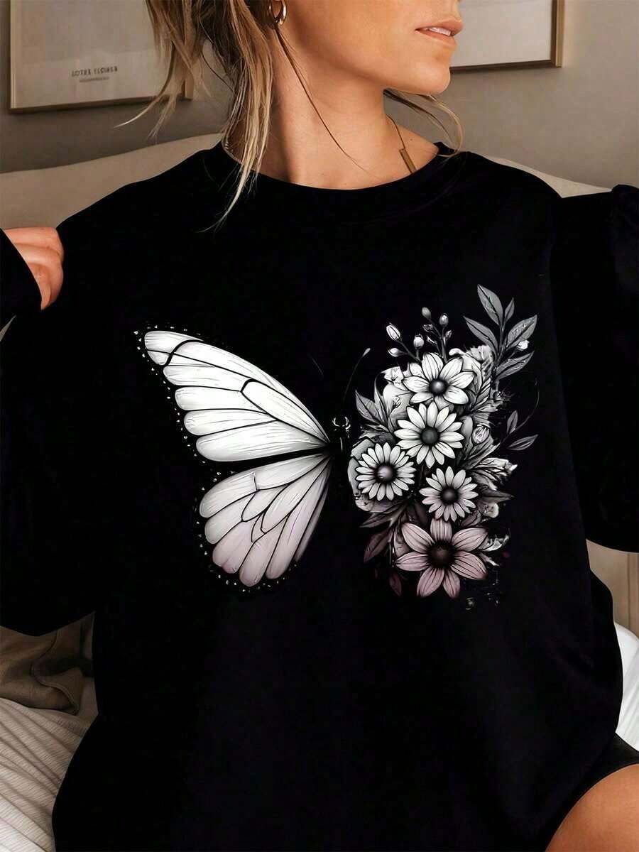 Women's T-Shirt With Black Daisy Print And Peace Symbol, Short Sleeve Top With Bohemian Floral Print, Casual Summer Clothing, Hippie Style T-Shirt, Simple And Fashionable Urban Style. - 黑色 - 查看 1