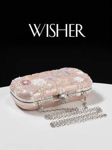 WISHER Elegant Versatile Sparkling Charm Embroidered Floral Evening Clutch Bag, Shimmering Sequin Random Floral & Leaf Design Detachable Chain Clutch, Suitable For Wedding, Party, Cocktail, Formal Occasions And Daily Use - Pink - View 6