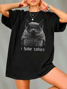 Camiseta gráfica absurdista vintage "Tengo rabia" de murciélago Y2K, adecuada para uso diario, regalo para ella - Negro - Ver 1