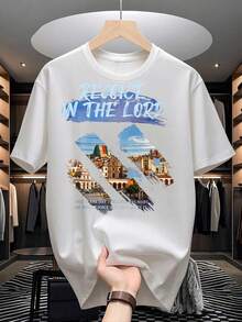 Men's Casual T-Shirt With Cityscape Print And Inspirational Text "Rejoice In The Lord". Soft Cotton T-Shirt Ideal For Everyday Wear In Spring And Summer. Perfect Gift For Men Who Love Fashion With A Positive Message. - 白色 - 查看 1