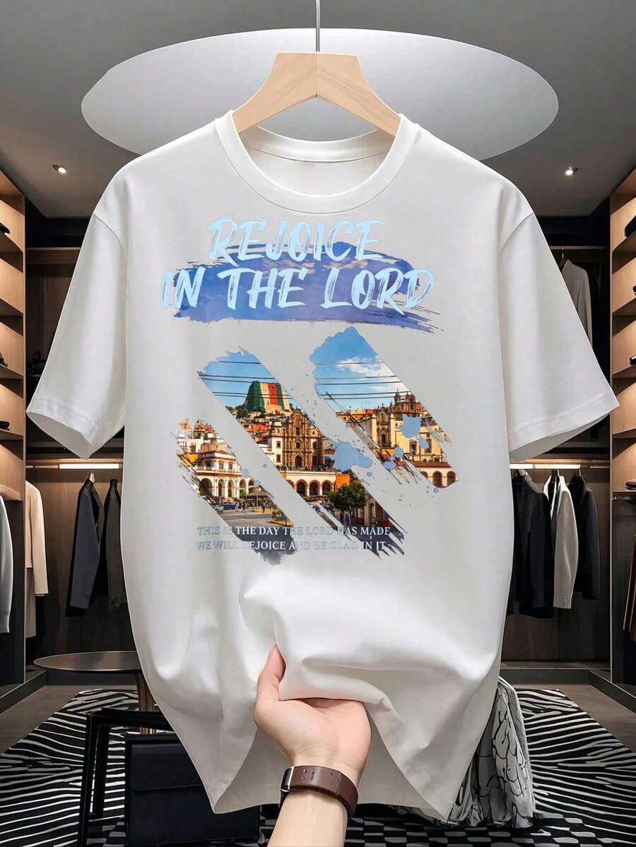 Men's Casual T-Shirt With Cityscape Print And Inspirational Text "Rejoice In The Lord". Soft Cotton T-Shirt Ideal For Everyday Wear In Spring And Summer. Perfect Gift For Men Who Love Fashion With A Positive Message. - 白色 - 查看 1
