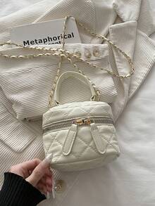 Bolso mini cuadrado con cadena de rombos negra, bolso versátil de maquillaje cruzado, bolso de mano para ir al trabajo con dije de corazón - Blanco - Ver 5