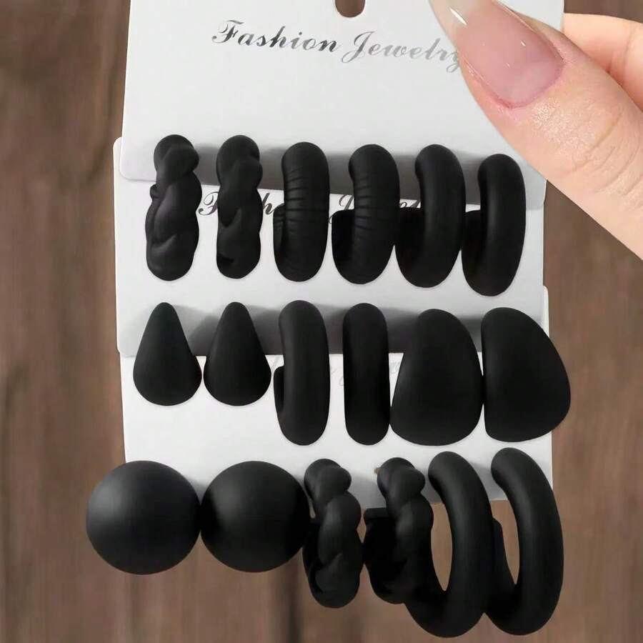 Bộ 6-18 chiếc khuyên tai nhựa acrylic hình giọt nước màu đen, kiểu dáng chữ C phóng đại, thời trang mới dành cho nữ. - CCB - Xem 1