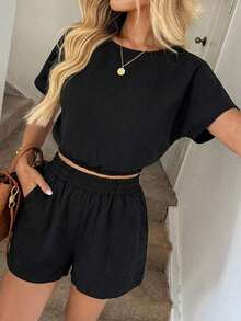 Conjunto casual de 2 piezas de top corto y shorts con cintura ceñida, con patrón de líneas geométricas abstractas, cómodo y elegante para vacaciones y uso diario, primavera/verano - Negro 2 - Ver 5