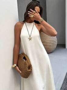 Vestido bohemio de estilo vintage con espalda abierta y línea A, bajo oversize, elegante color amarillo mostaza, adecuado para el Día de San Valentín, la playa y las vacaciones de verano - Albaricoque - Ver 5
