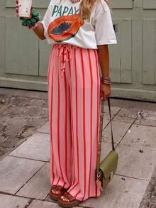 Women's Casual Striped Straight Loose Pants For Summer, Suitable For Daily Wear & Vacation - Pink - View 3