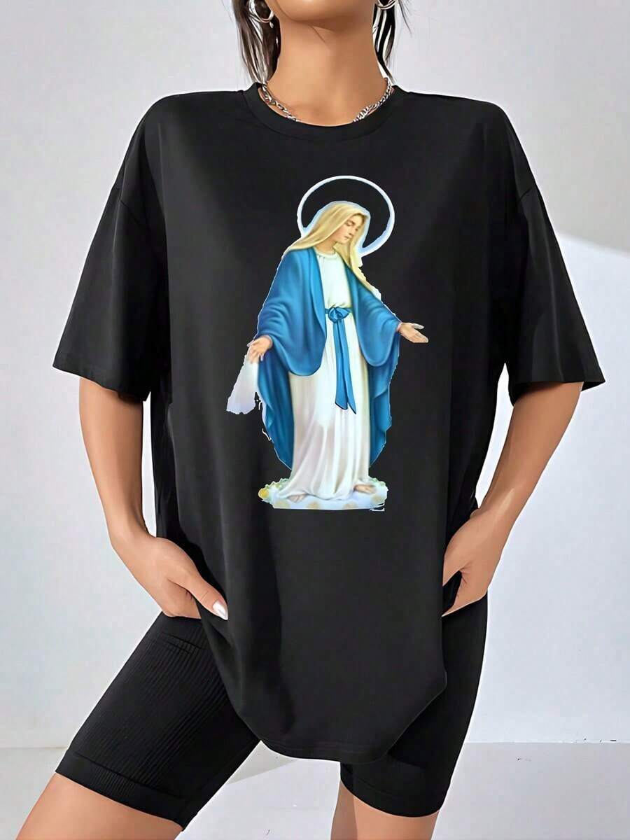 Simple And Versatile Design: Stylish Women's Graphic T-Shirt With A Image Of The Virgin Mary, Perfect For Everyday Wear. Made From Soft Cotton, This Short-Sleeved, Crew-Neck T-Shirt Features A Spiritually Inspired Design-A Comfortable And Stylish Garment For Women. - 黑色 - 查看 1