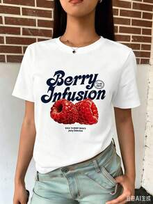 Camiseta casual de mujer con diseño simple y versátil, estampado vintage de bayas y frambuesas, corte holgado vintage de manga corta y cuello redondo, estilo Y2K, estética de chica dulce, moda urbana, ligera, transpirable y cómoda, adecuada para uso diario, ideal para vacaciones en la playa, festivales de música, citas, brunches, compras al aire libre, escapadas de fin de semana, fiestas en la piscina, camiseta de puro algodón. - Blanco - Ver 1