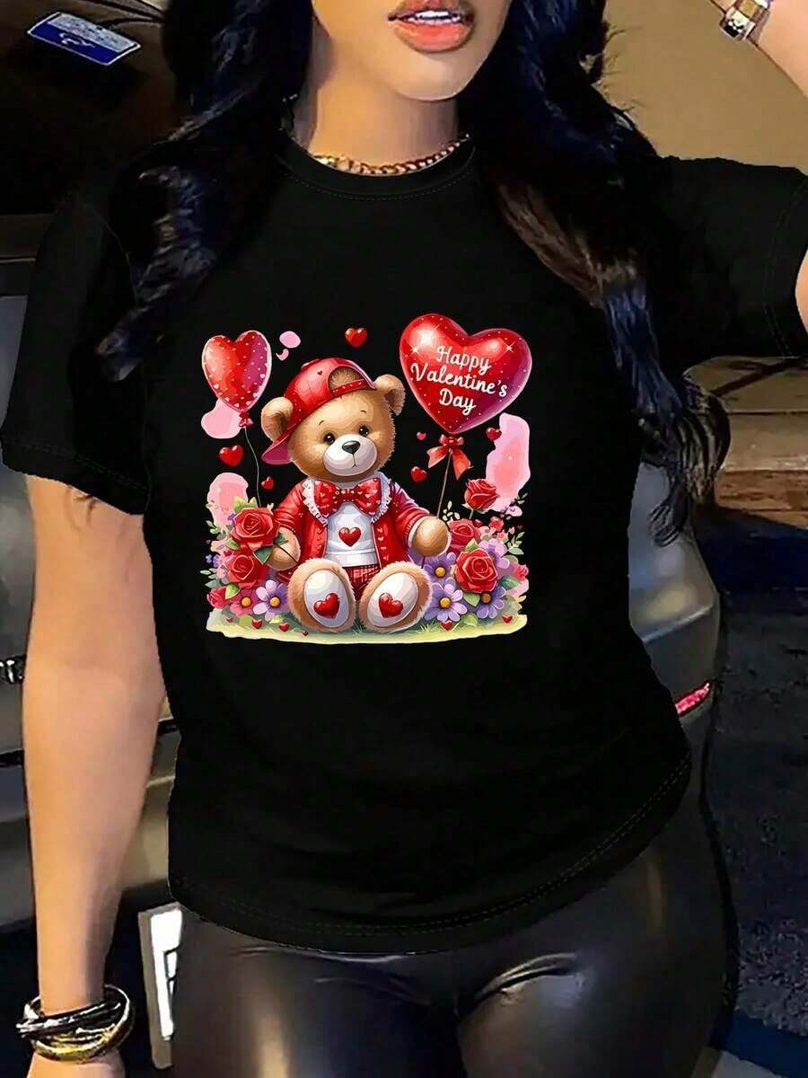 Camiseta de Mujer para el Día de San Valentín con Estampado de Oso de Peluche y Corazón - Top Casual de Cuello Redondo Suave con Diseño Adorable de Oso y Corazón, Blusa Lavable a Máquina para Atuendo Casual de Primavera, Verano, Otoño o Regalo de San Valentín, Tela Cómoda - Estilo Vintage Urbano Unisex, Camiseta de Manga Corta de Algodón Holgada con Cuello Redondo. blusas.blusas casuales para dama.Impresión de osos cariñosos.Camiseta estampada Impresión de osos cariñosos. - Negro 8 - Ver 1