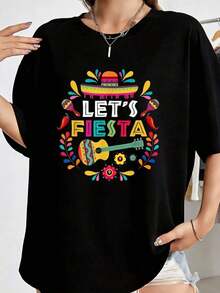 Fun Colorful Guitar T-Shirt For Mexican Cinco De Mayo -  Casual Graphic Tees For Women - Everyday Wear Tees, Party And Carnival Style Streetwear With Breathable Blouses For Daily Wear And Activities. - 黑色 - 查看 1