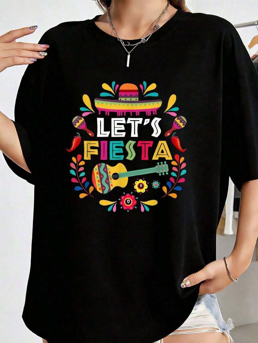 Fun Colorful Guitar T-Shirt For Mexican Cinco De Mayo - Casual Graphic Tees For Women - Everyday Wear Tees, Party And Carnival Style Streetwear With Breathable Blouses For Daily Wear And Activities. - 黑色 - 查看 1