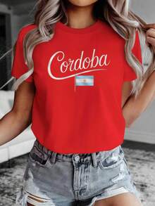 Camiseta cómoda de color sólido para mujer, con la fuente Cozy Comfy Lounge Cordova combinada con la bandera argentina, estilo pastel, un imprescindible para viajeros y fans argentinos, ropa de casa suave y relajada Cordova Travel. - Negro - Ver 7