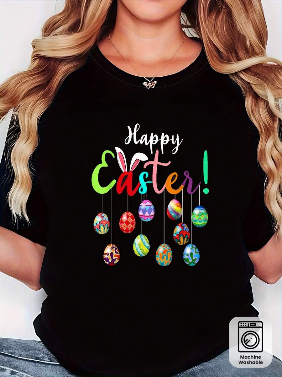 Camiseta moderna, linda camiseta con estampado de huevos coloridos de Pascua, camiseta negra de manga corta y cuello redondo - lavable a máquina, adecuada para primavera, verano y otoño, estilo casual, ajuste cómodo, diseño a la moda, versátil para uso diario, tela suave, estilo moderno, camiseta gráfica para uso diario. - Negro - Ver 1
