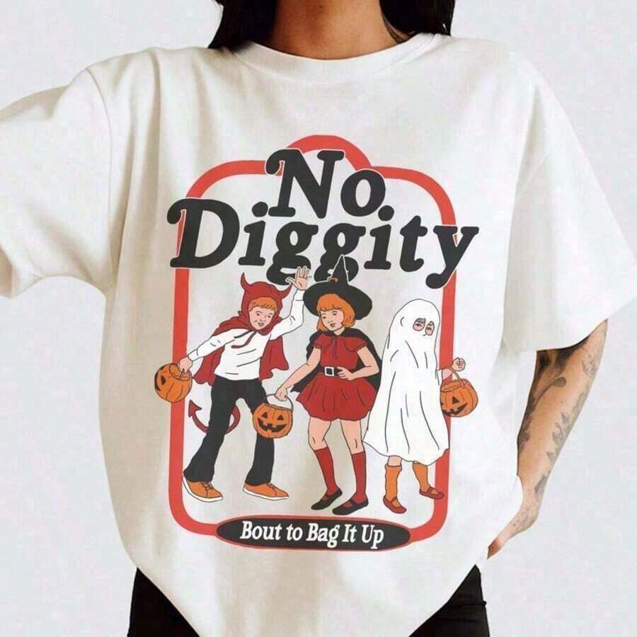 Printed T-Shirt _No Diggity Bout To Bag It Up_ For Women, Halloween T-Shirt, Modern, Retro-Vintage Street Style Unisex Loose Cotton Short Sleeve Crew Neck T-Shirt, Blouses For Women, Women's T-Shirts, Casual Blouses For Ladies - 白色 - 查看 1